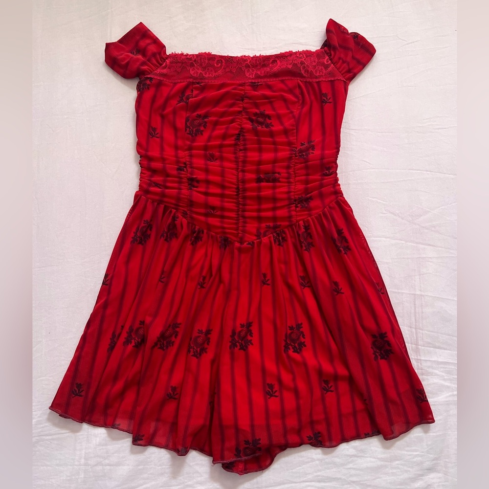 Kimchi Blue Red Off-Shoulder Dress with Floral Pattern